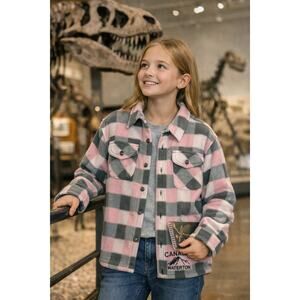 Souvenirs Northern Pink Gray Button Down Shirt Girls Youth XL Plaid Top